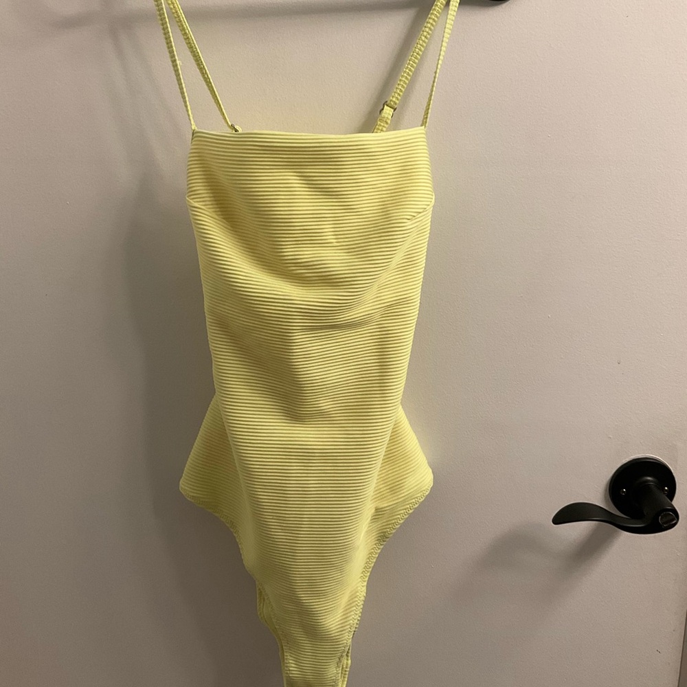 Striped/ribbed one piece swimsuit in bright yellow pastel, size x-small